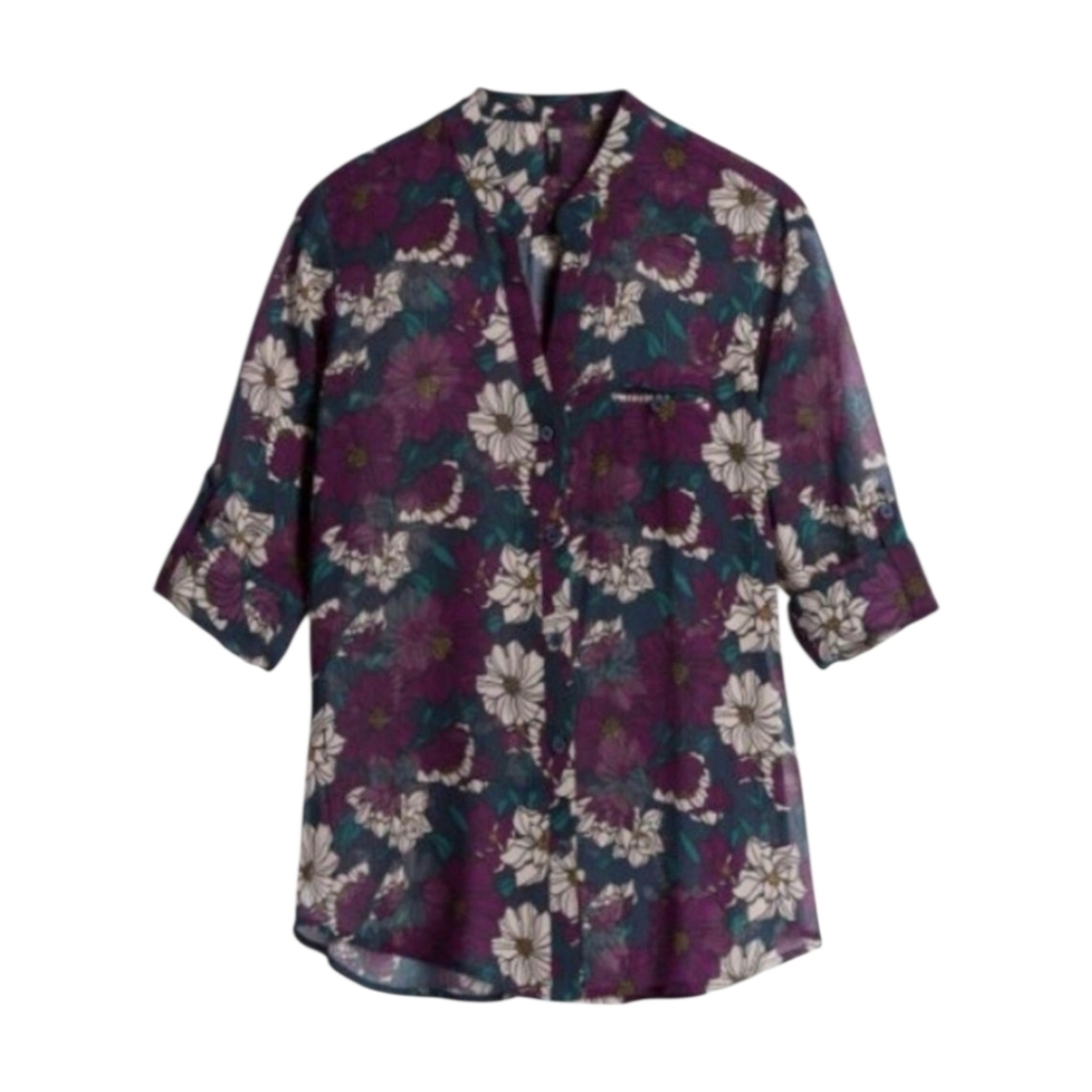 Kut from the Kloth floral Shiffon Semi Sheer Roll Tab Button Down Boho Blouse M
